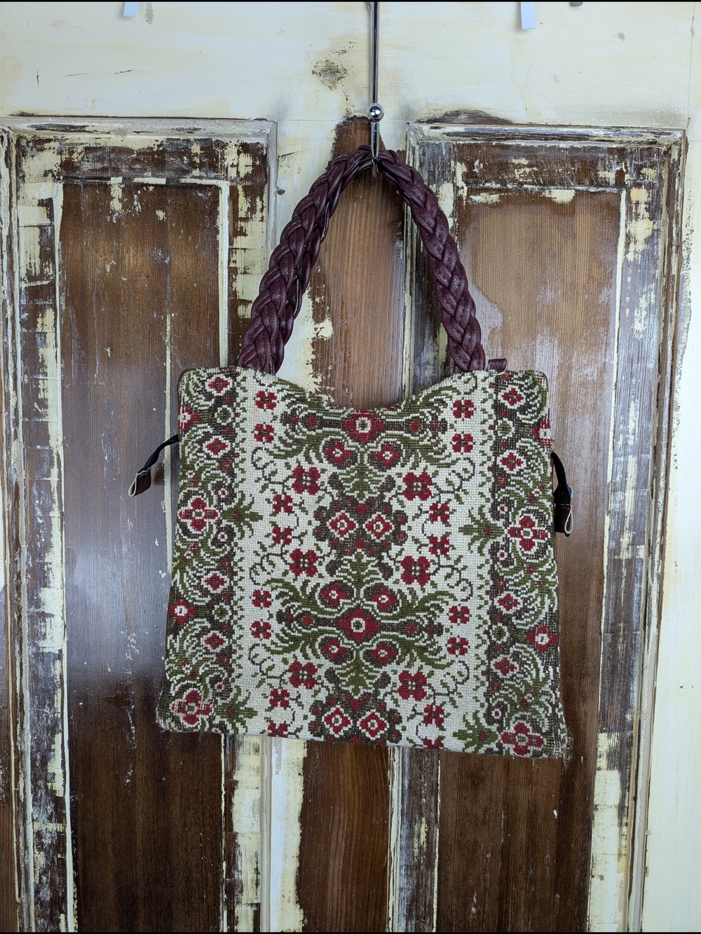Vintage Tapestry Carpetbag Floral Boho Handbag Burgundy Braided Handle Purse